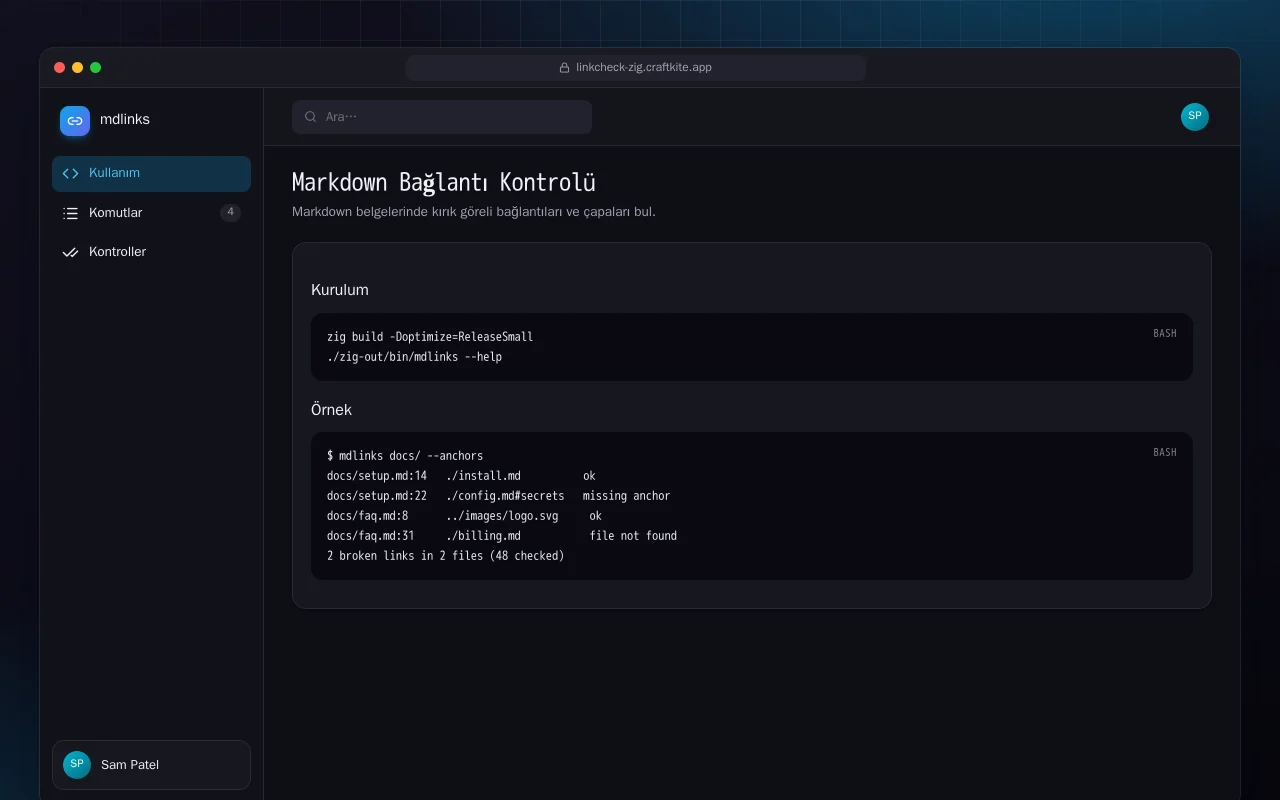 Markdown Bağlantı Kontrolü (Zig): Markdown Bağlantı Kontrolü ekranı