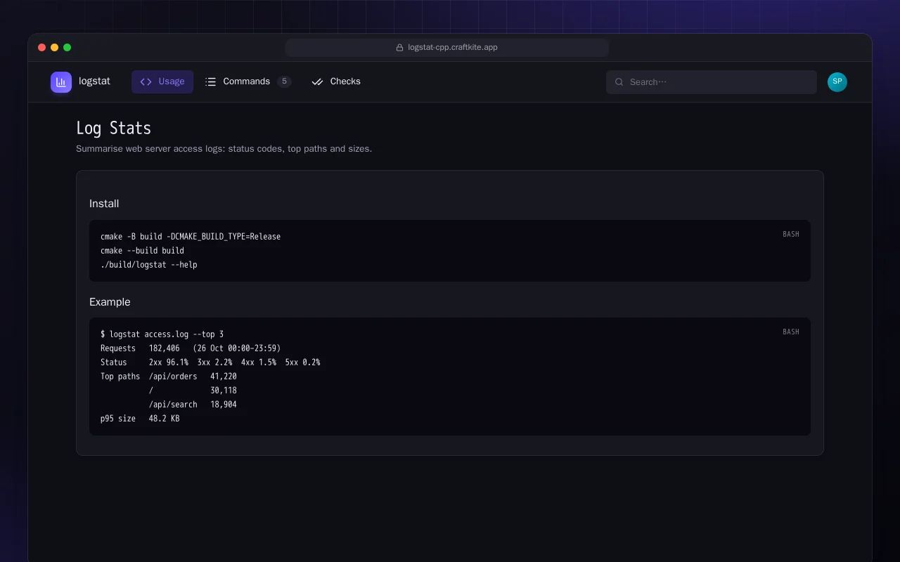 Log Stats (C++): the Log Stats screen