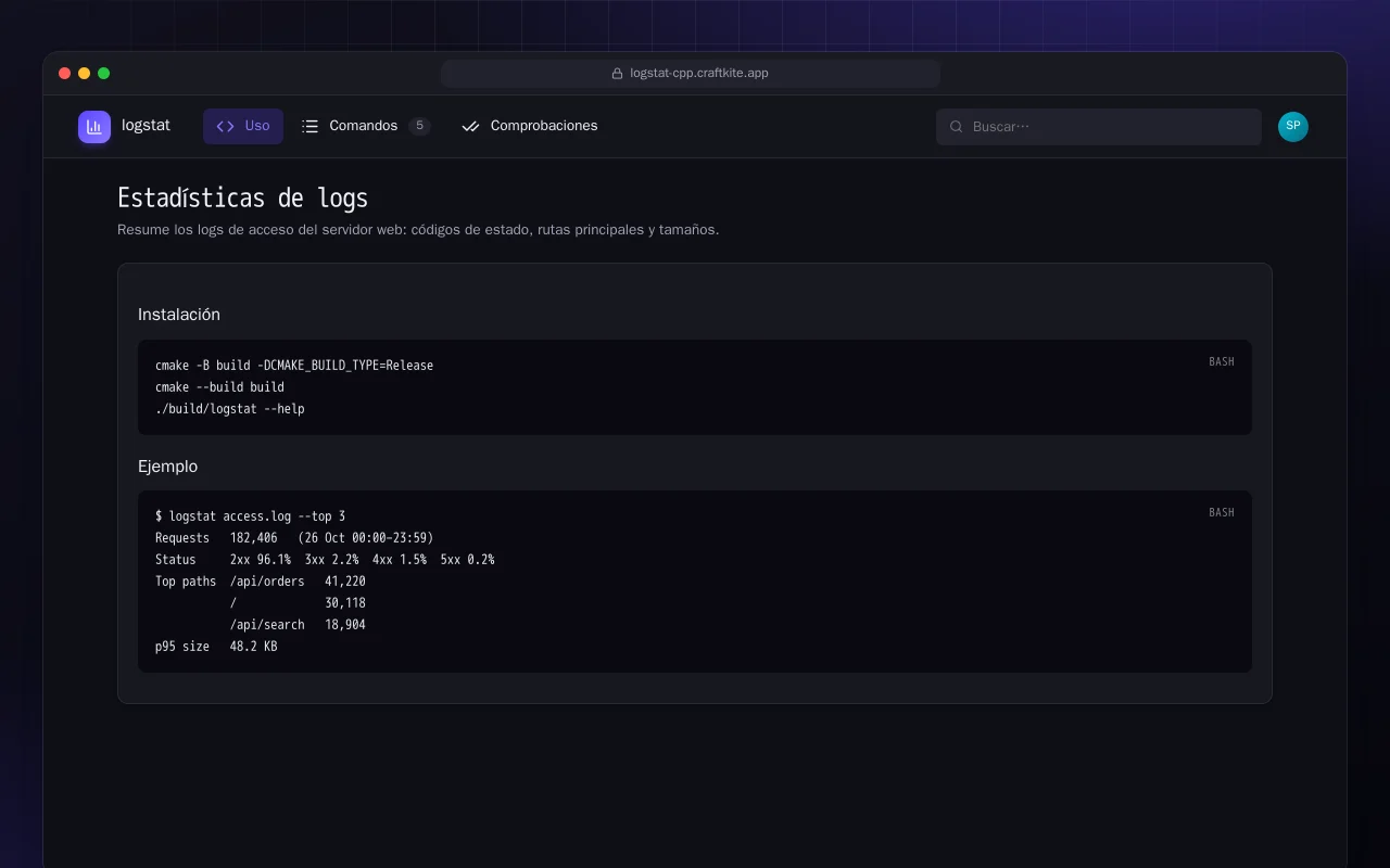 Estadísticas de logs (C++): la pantalla Estadísticas de logs