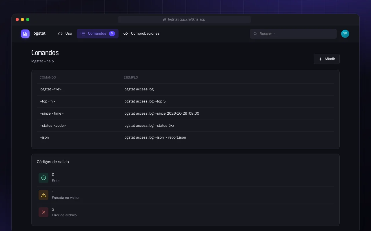 Estadísticas de logs (C++): la pantalla Comandos