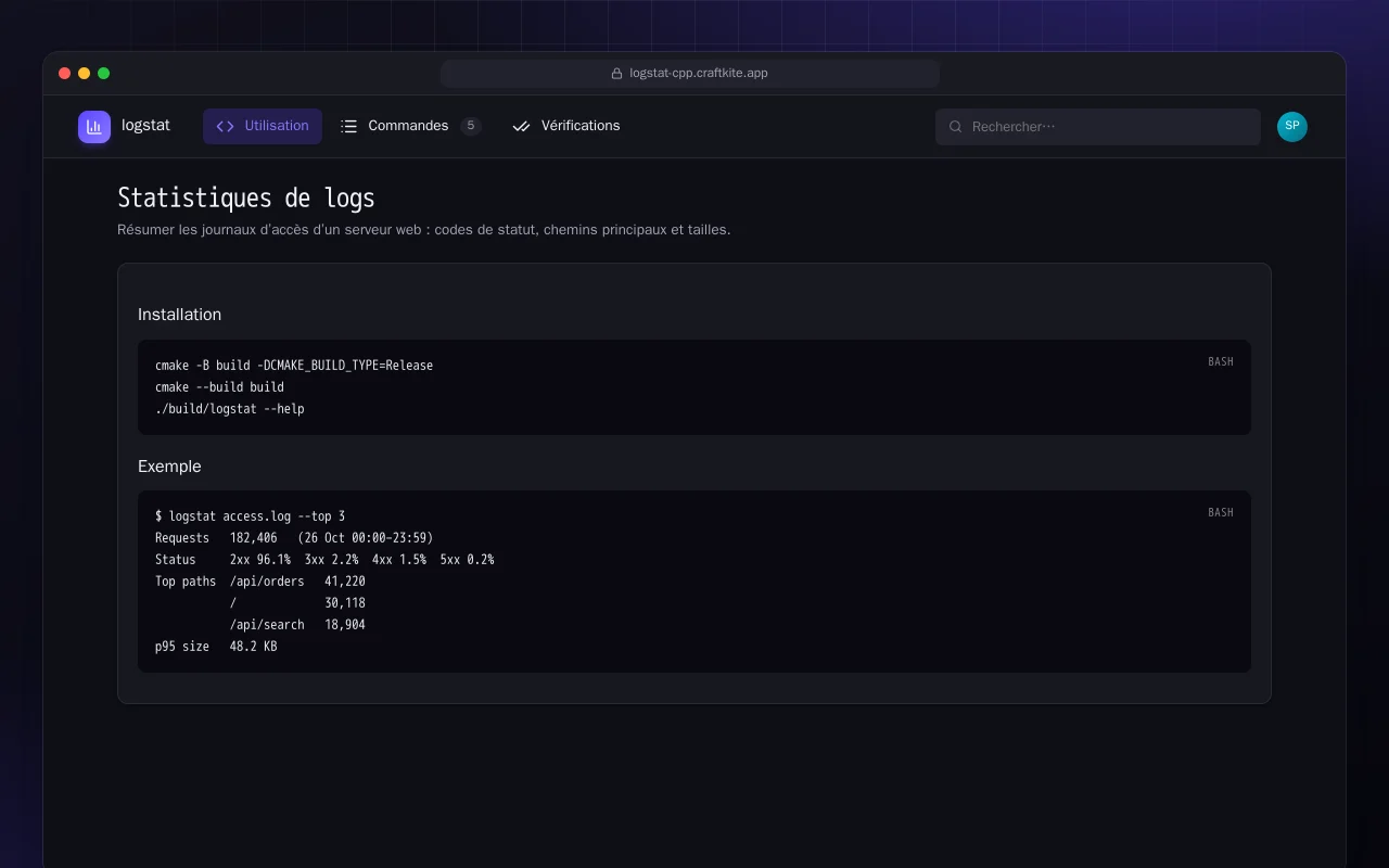 Statistiques de logs (C++) : l’écran Statistiques de logs