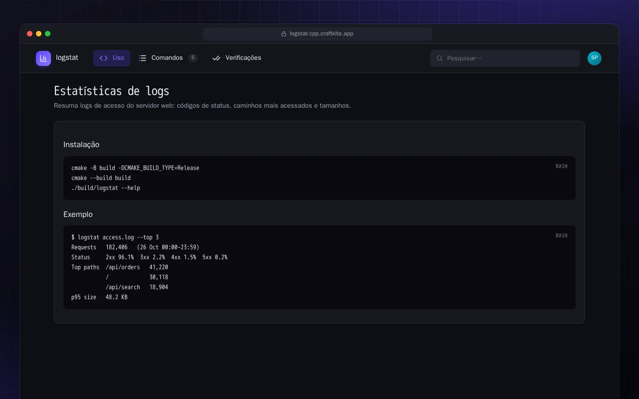 Estatísticas de logs (C++): a tela Estatísticas de logs