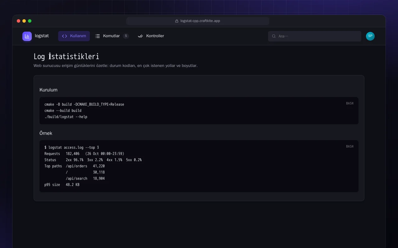 Log İstatistikleri (C++): Log İstatistikleri ekranı
