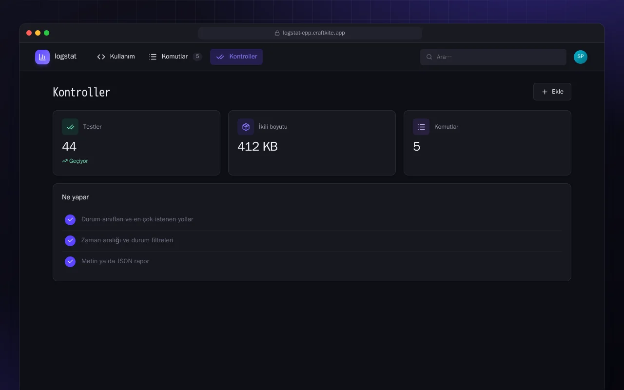 Log İstatistikleri (C++): Kontroller ekranı