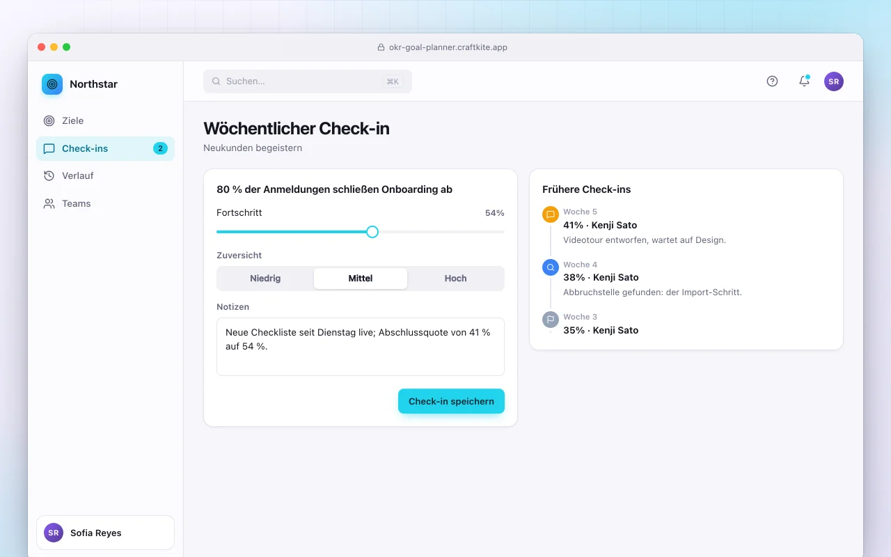 OKR-Zielplaner: der Bildschirm „Wöchentlicher Check-in“