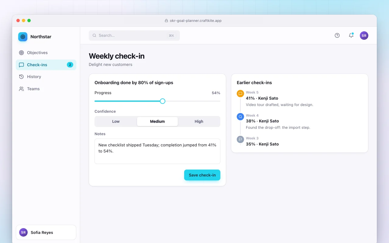 OKR goal planner: the Weekly check-in screen