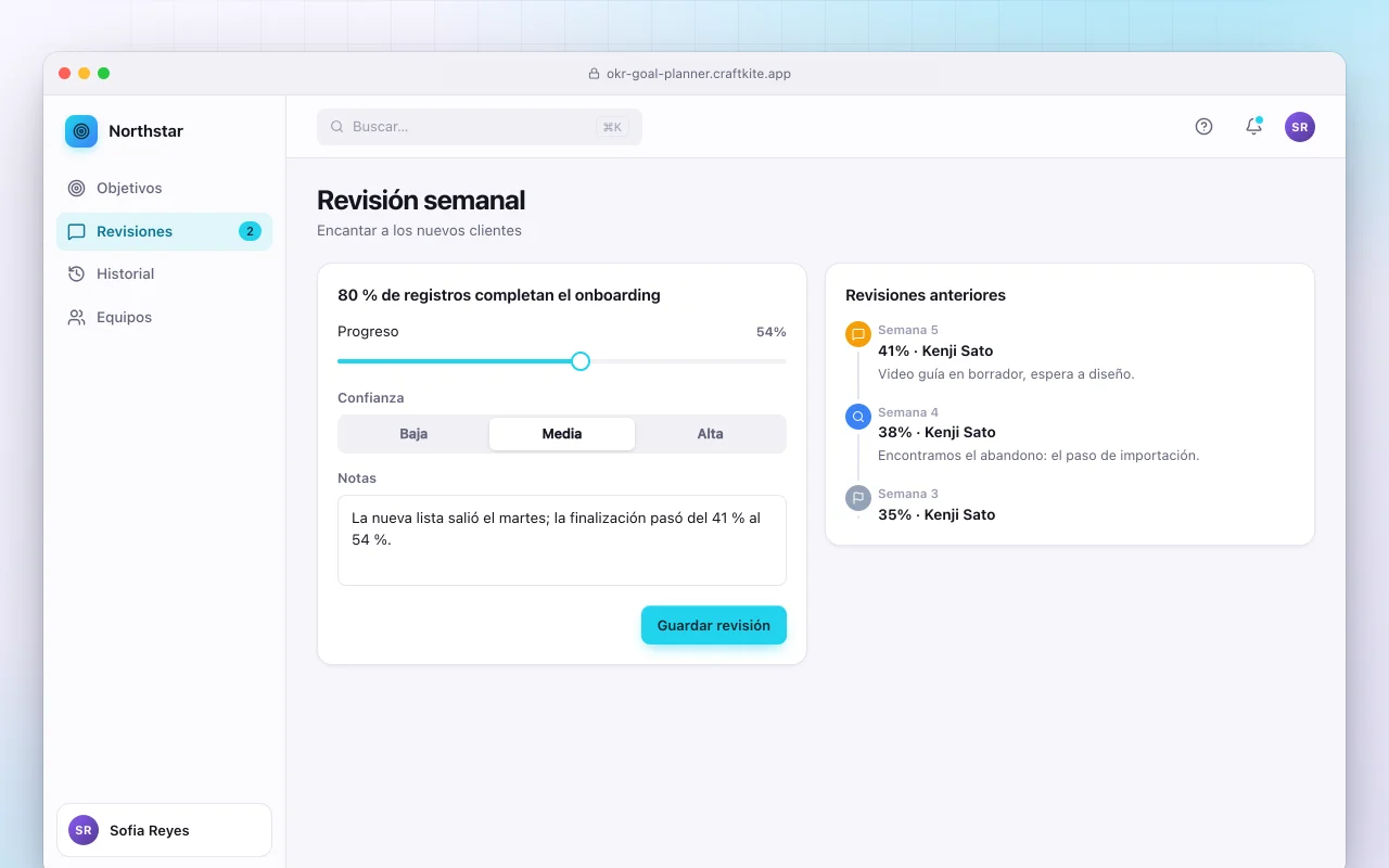 Planificador de objetivos OKR: la pantalla Revisión semanal