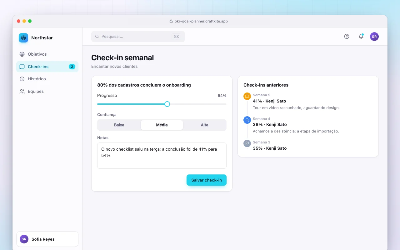 Planejador de metas OKR: a tela Check-in semanal