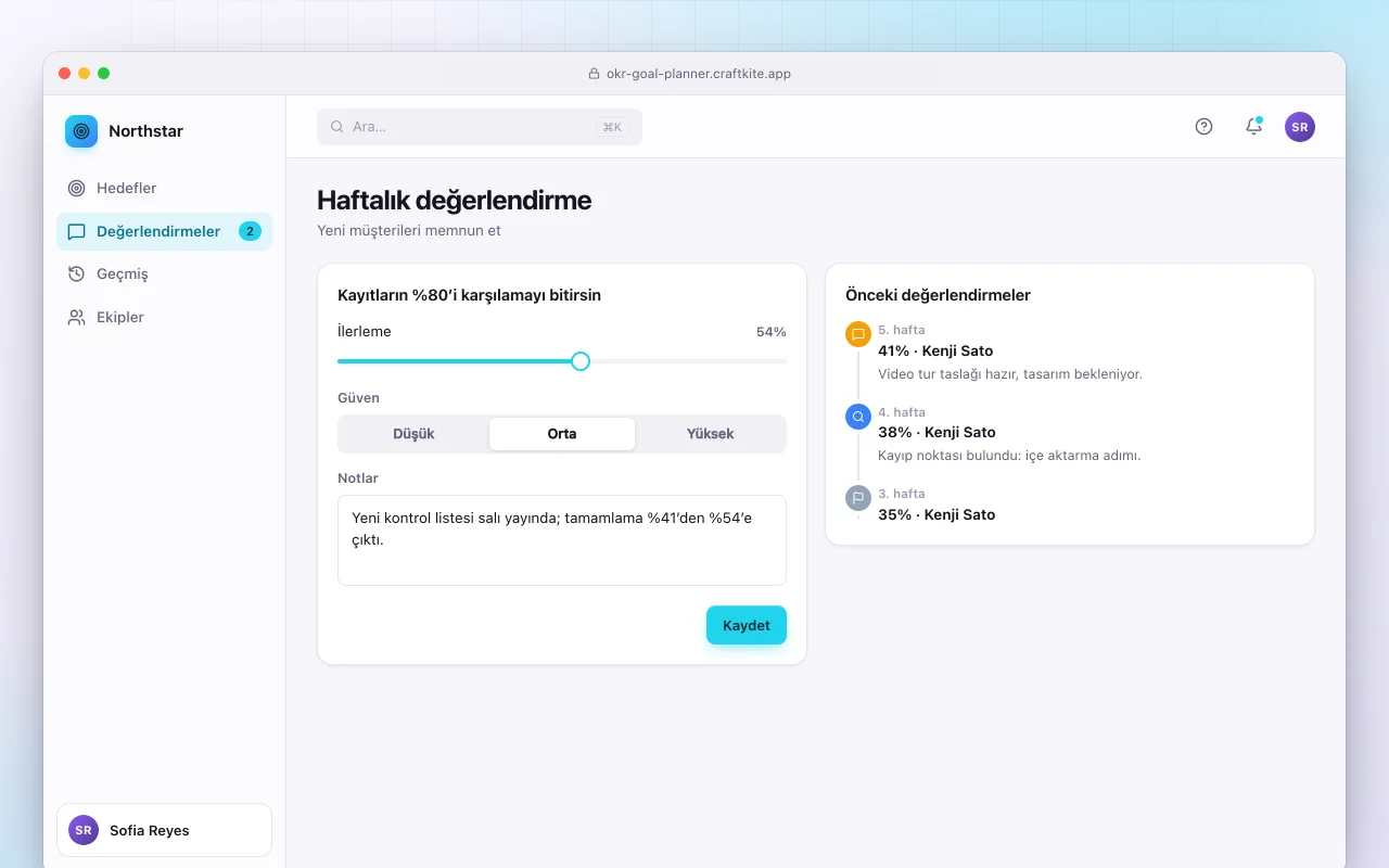 OKR hedef planlayıcı: Haftalık değerlendirme ekranı