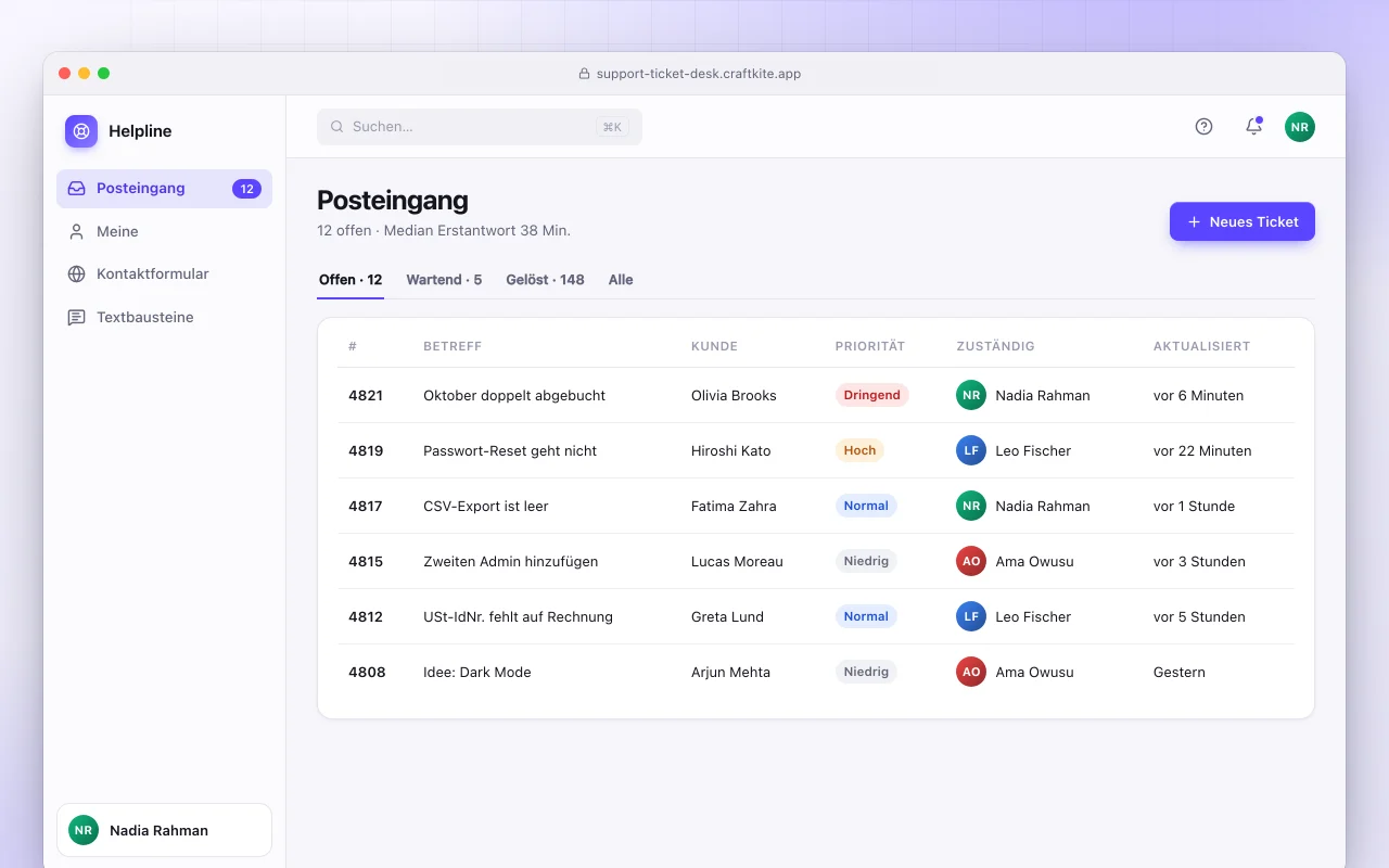 Support-Ticketsystem: der Bildschirm „Posteingang“