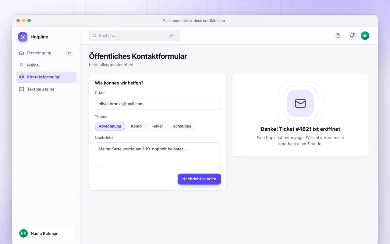 Support-Ticketsystem: der Bildschirm „Öffentliches Kontaktformular“