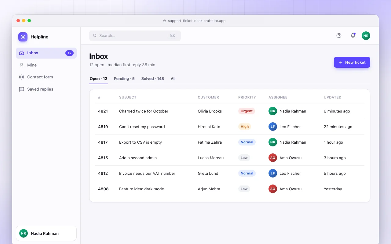 Support ticket desk: the Inbox screen
