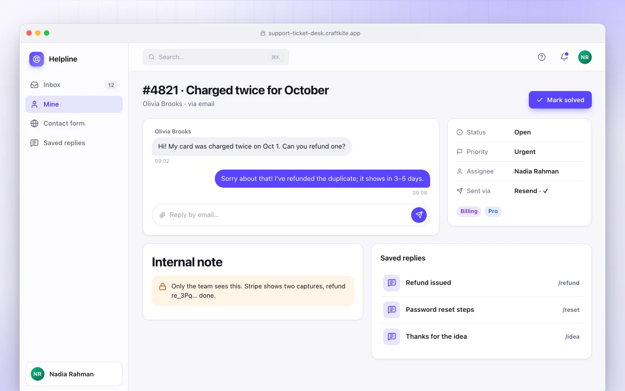 Support ticket desk: the #4821 · Charged twice for October screen