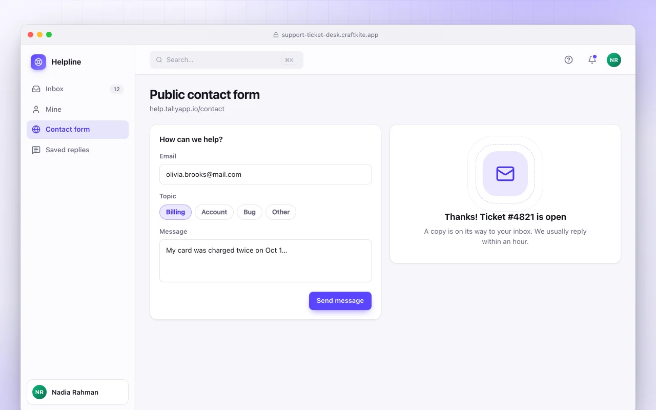 Support ticket desk: the Public contact form screen