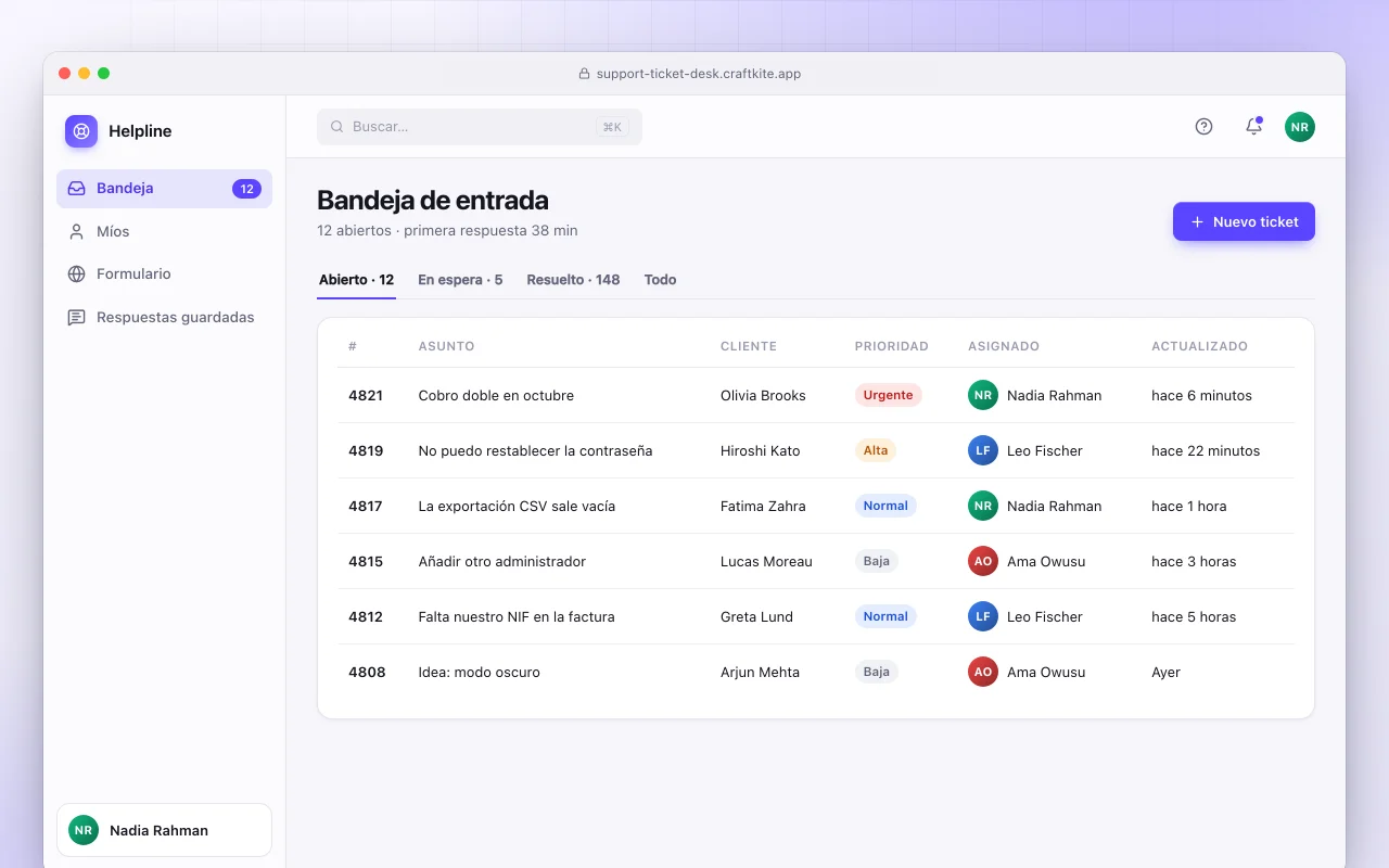 Centro de soporte: la pantalla Bandeja de entrada