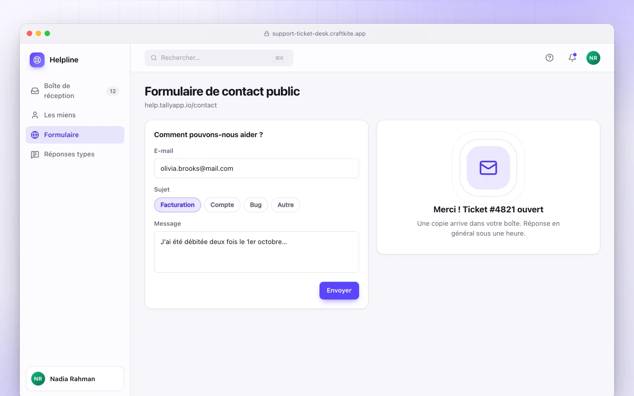 Centre de tickets de support : l’écran Formulaire de contact public