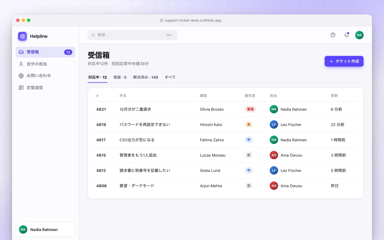 サポートチケットデスク：受信箱画面