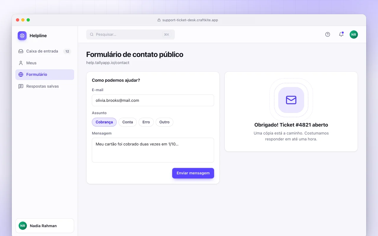 Central de chamados: a tela Formulário de contato público