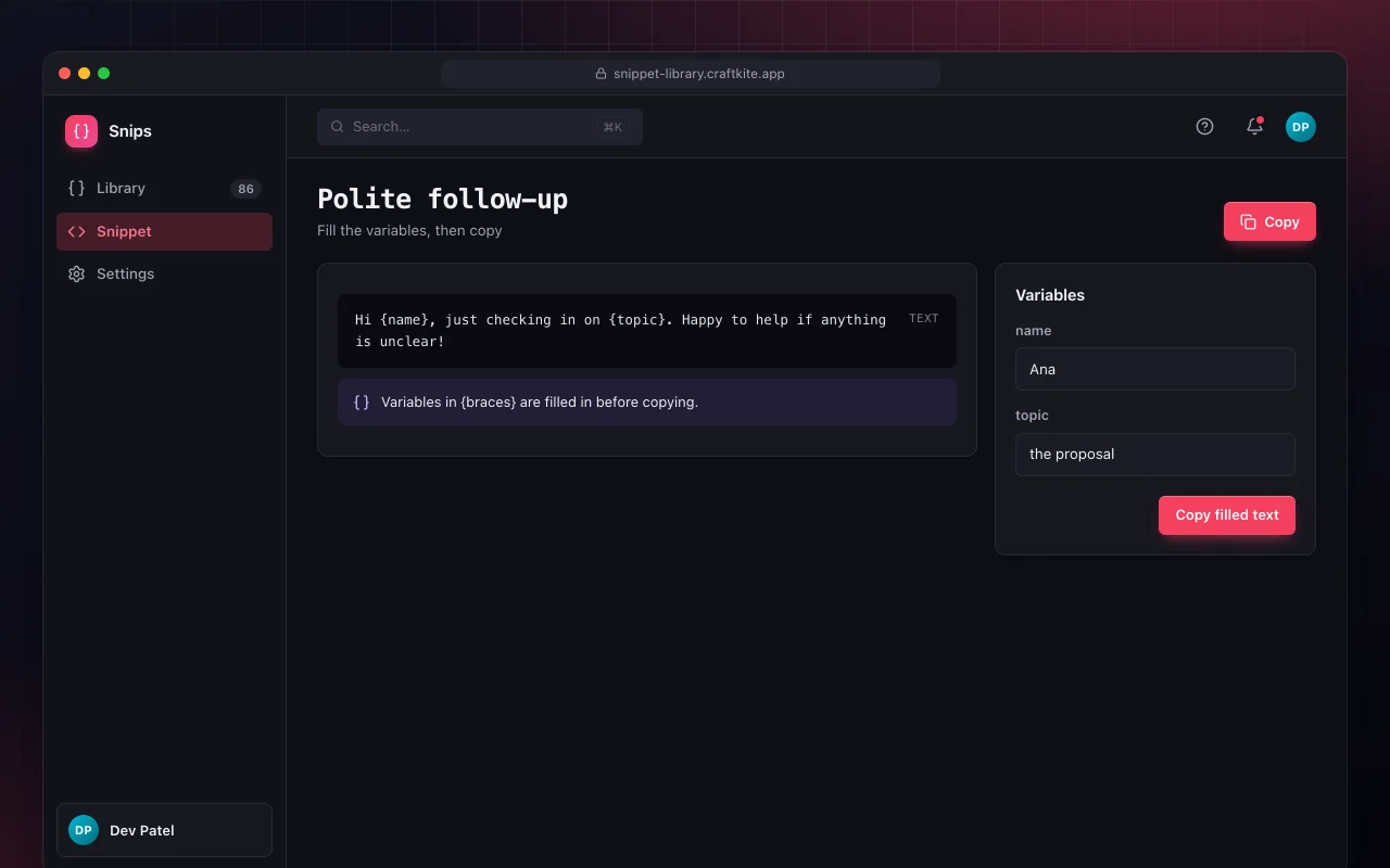 Snippet library: the Polite follow-up screen