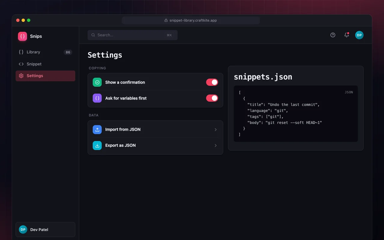 Snippet library: the Settings screen