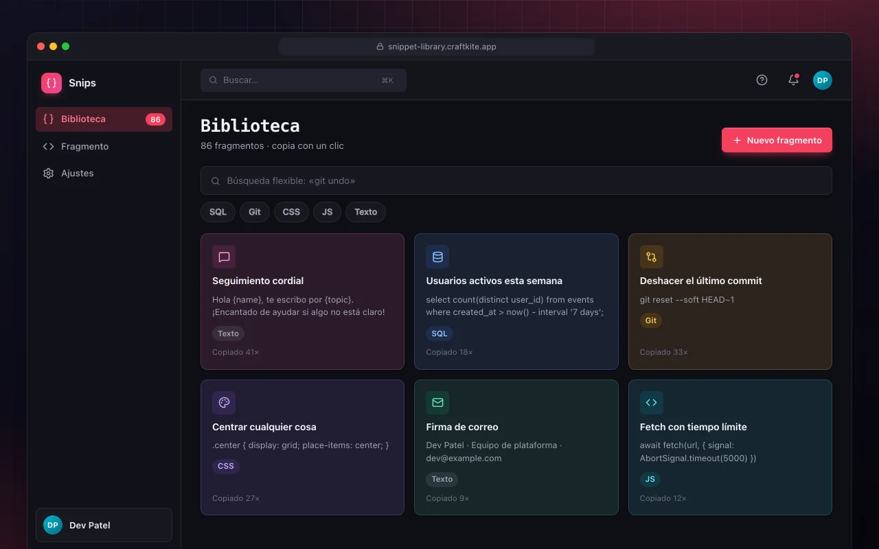 Biblioteca de fragmentos: la pantalla Biblioteca