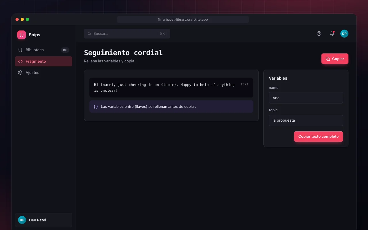 Biblioteca de fragmentos: la pantalla Seguimiento cordial