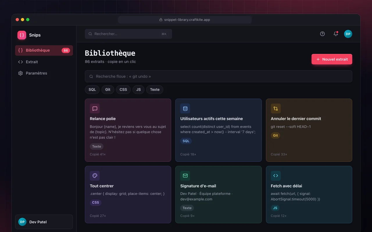 Bibliothèque de snippets : l’écran Bibliothèque