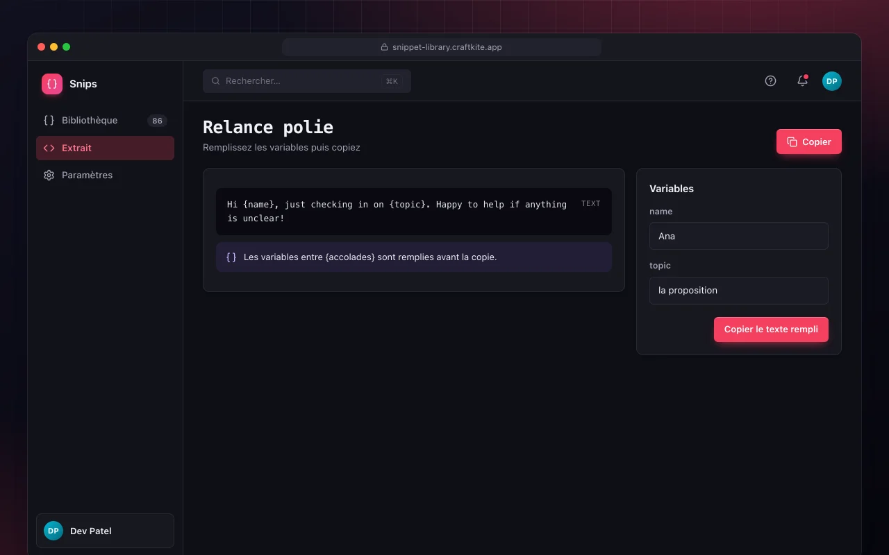 Bibliothèque de snippets : l’écran Relance polie