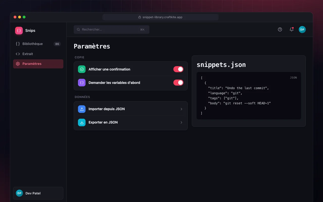 Bibliothèque de snippets : l’écran Paramètres