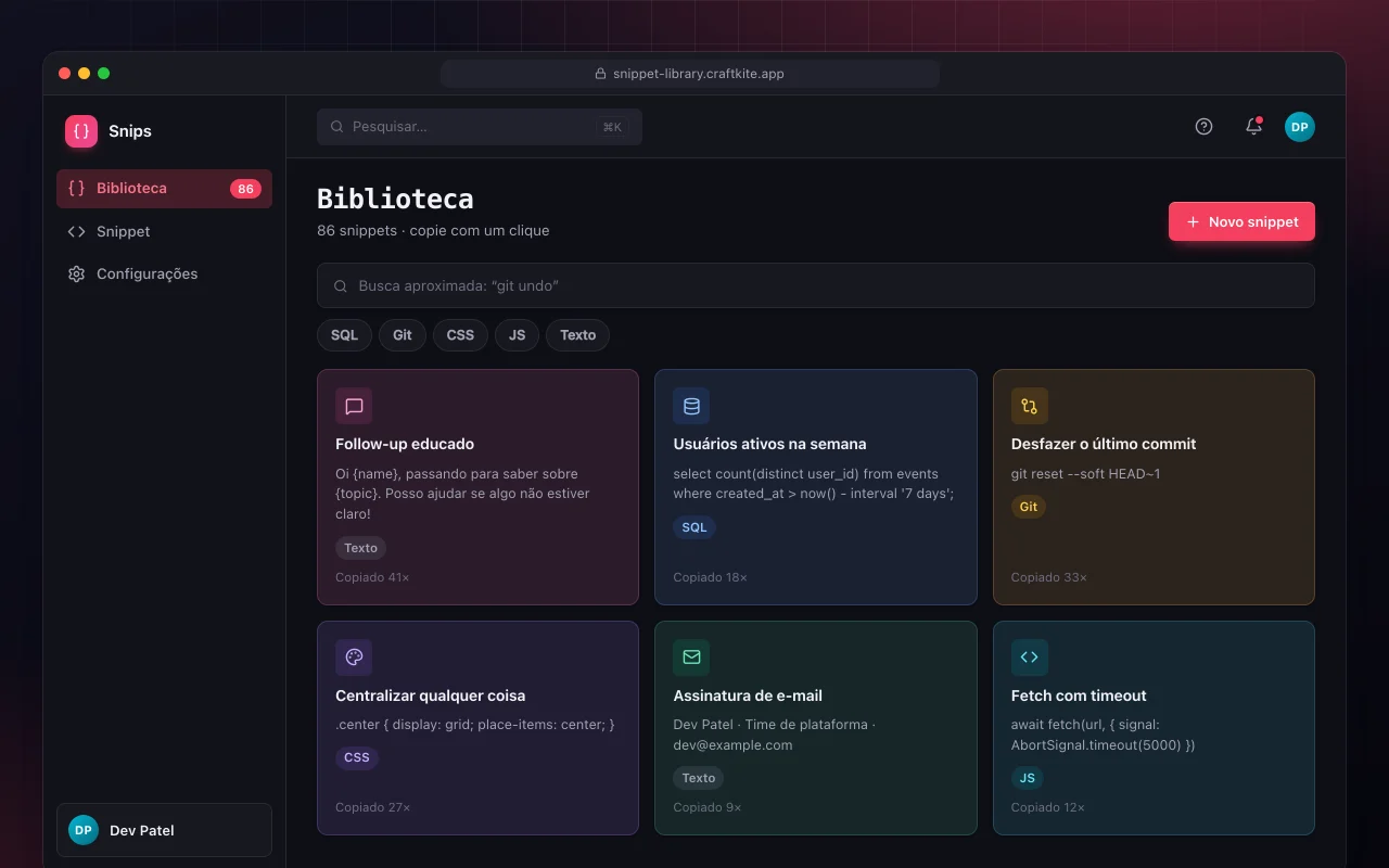 Biblioteca de snippets: a tela Biblioteca