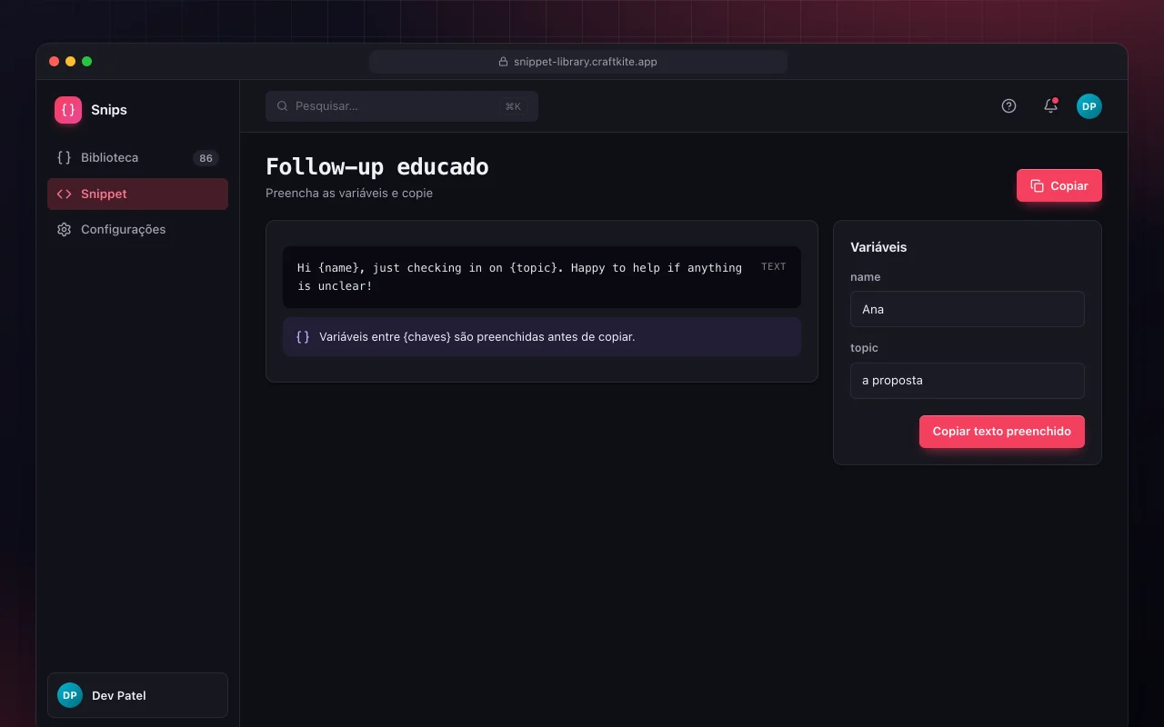 Biblioteca de snippets: a tela Follow-up educado