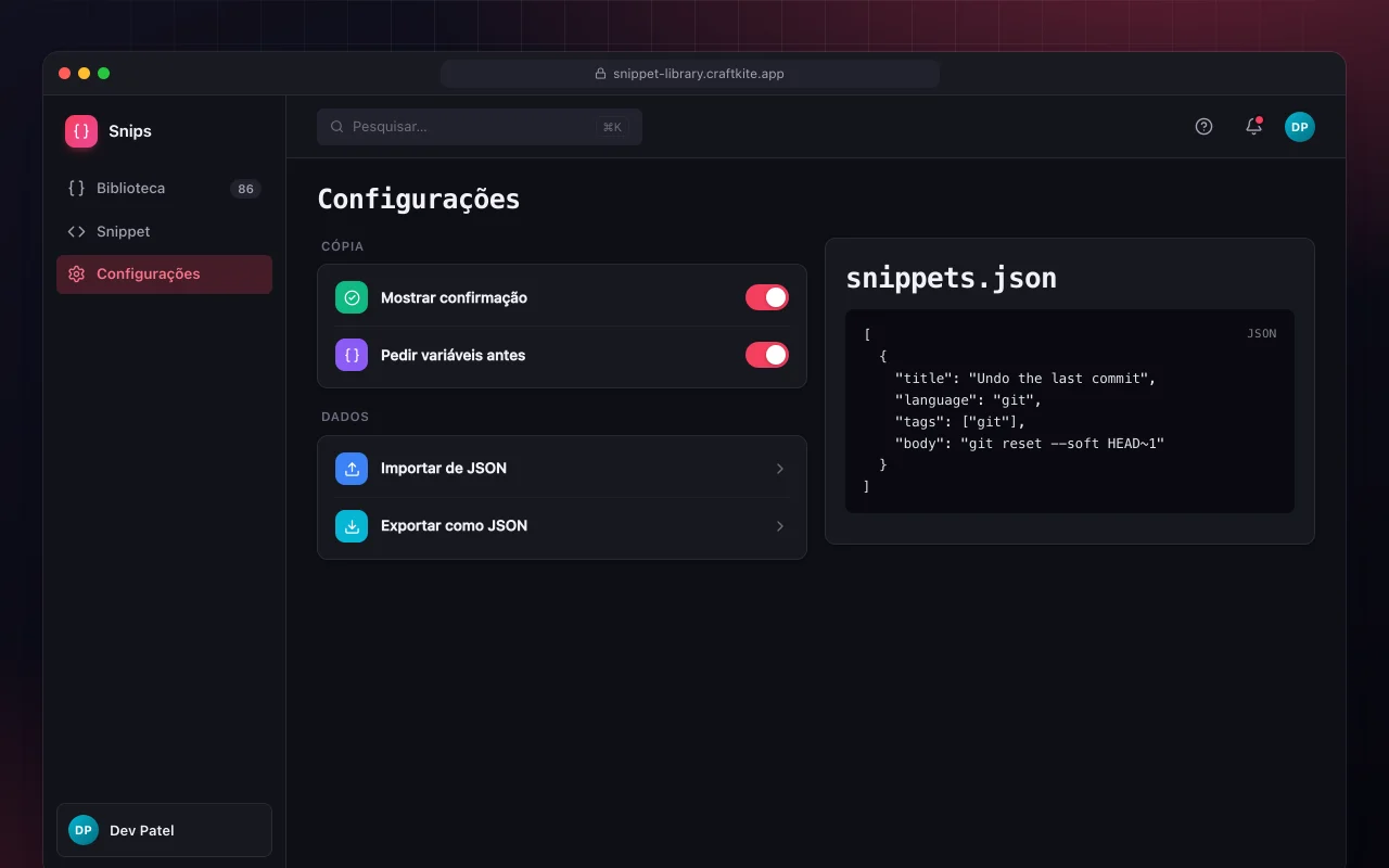Biblioteca de snippets: a tela Configurações