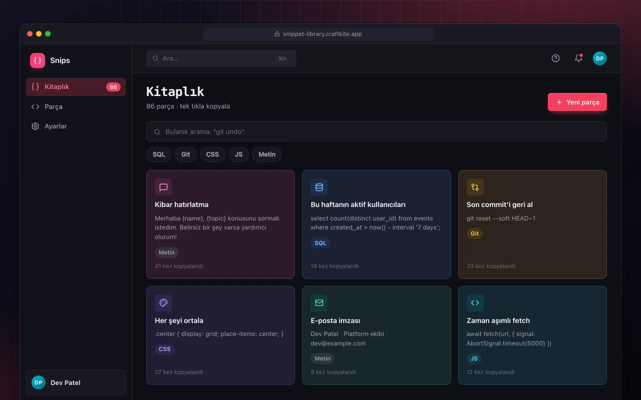 Snippet kitaplığı: Kitaplık ekranı