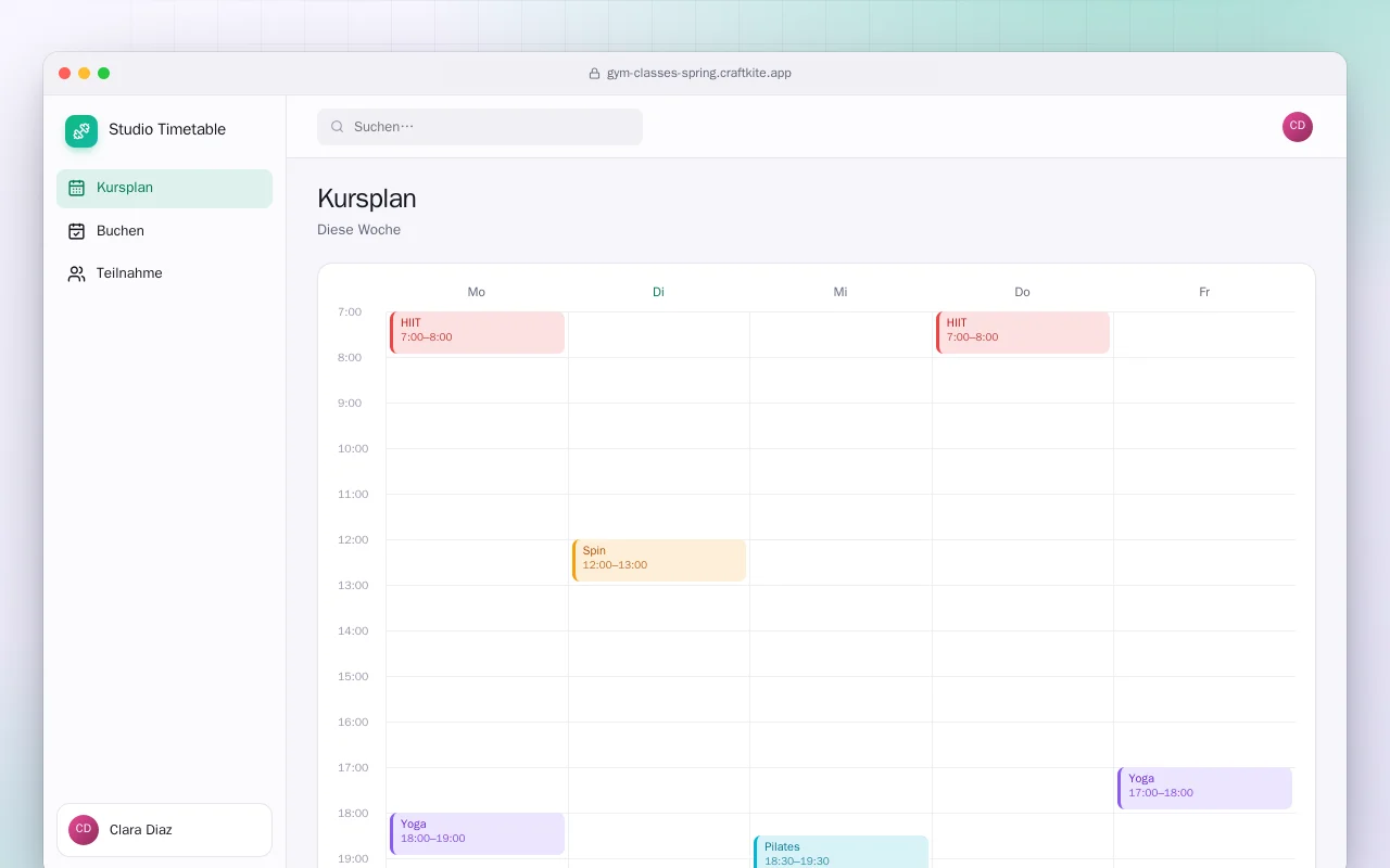 Kursbuchung im Fitnessstudio (Spring Boot): der Bildschirm „Kursplan“