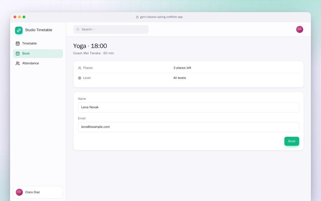 Gym Class Booking (Spring Boot): the Yoga · 18:00 screen