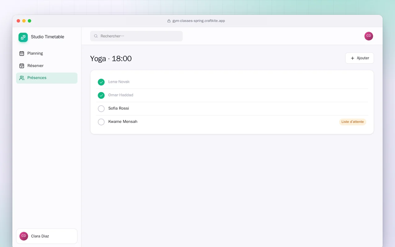 Réservation de cours de sport (Spring Boot) : l’écran Yoga · 18:00
