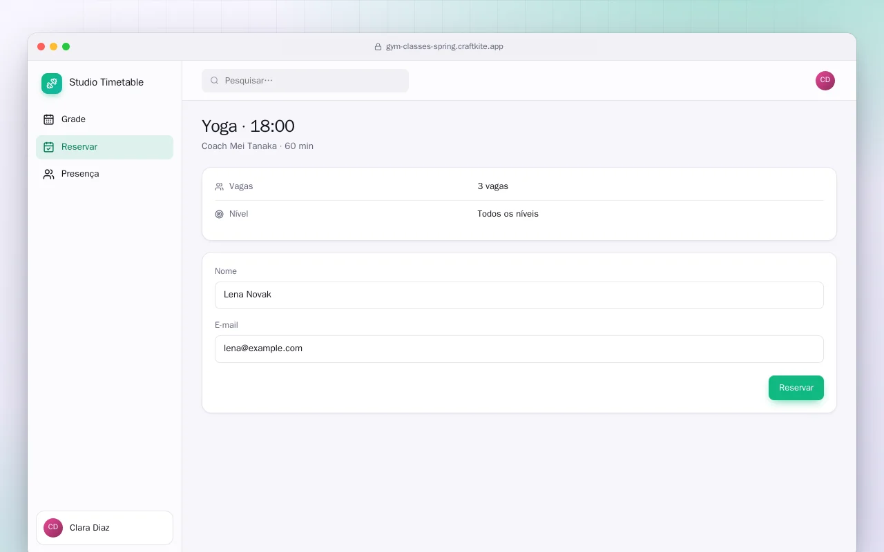 Reserva de aulas da academia (Spring Boot): a tela Yoga · 18:00