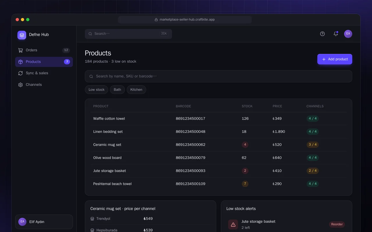 Marketplace seller hub: the Products screen