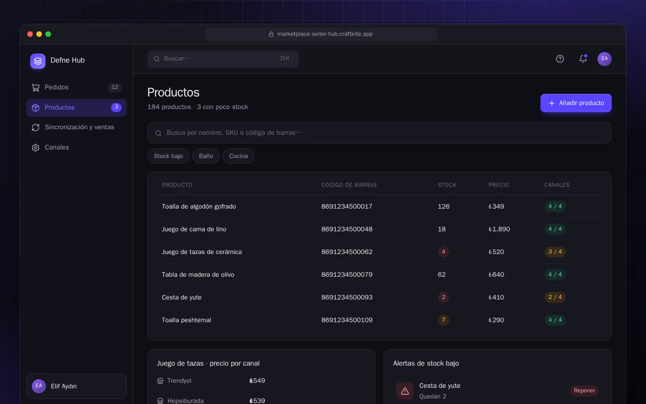 Centro del vendedor multicanal: la pantalla Productos