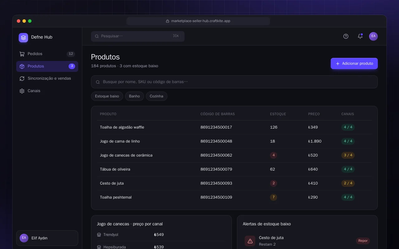 Central do vendedor multicanal: a tela Produtos