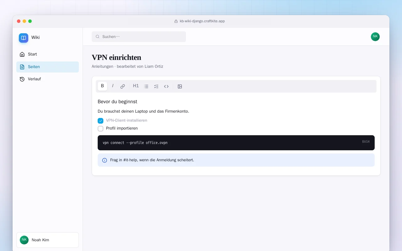 Team-Wiki (Django): der Bildschirm „VPN einrichten“