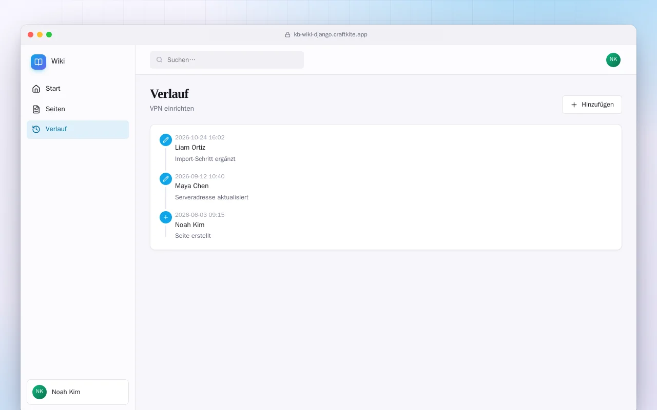 Team-Wiki (Django): der Bildschirm „Verlauf“