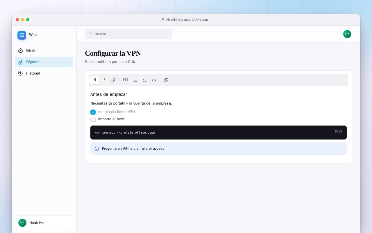 Wiki del equipo (Django): la pantalla Configurar la VPN