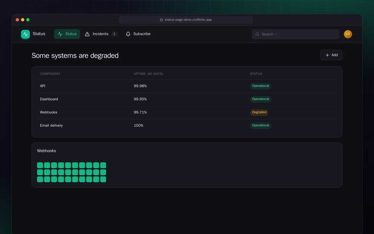 Status Page (Deno): the Some systems are degraded screen