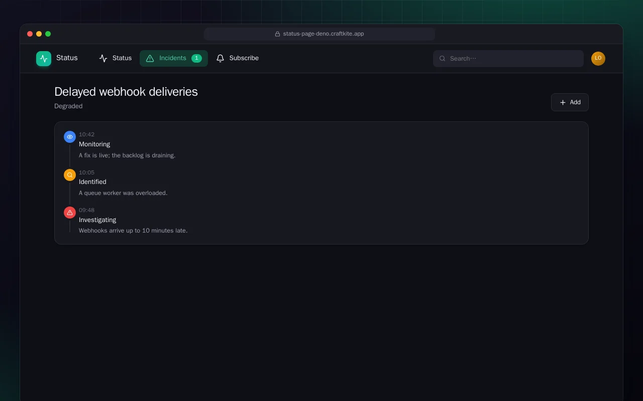 Status Page (Deno): the Delayed webhook deliveries screen