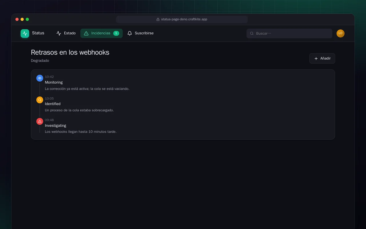 Página de estado (Deno): la pantalla Retrasos en los webhooks