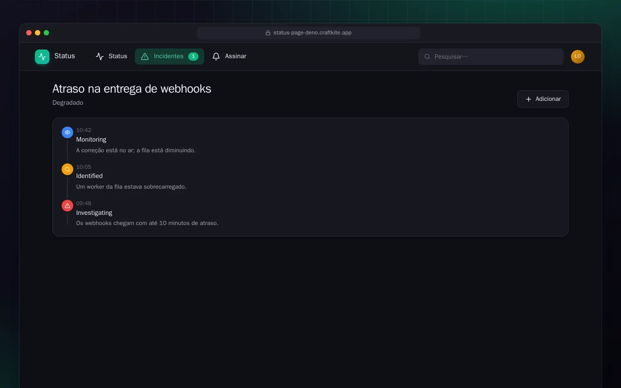 Página de status (Deno): a tela Atraso na entrega de webhooks