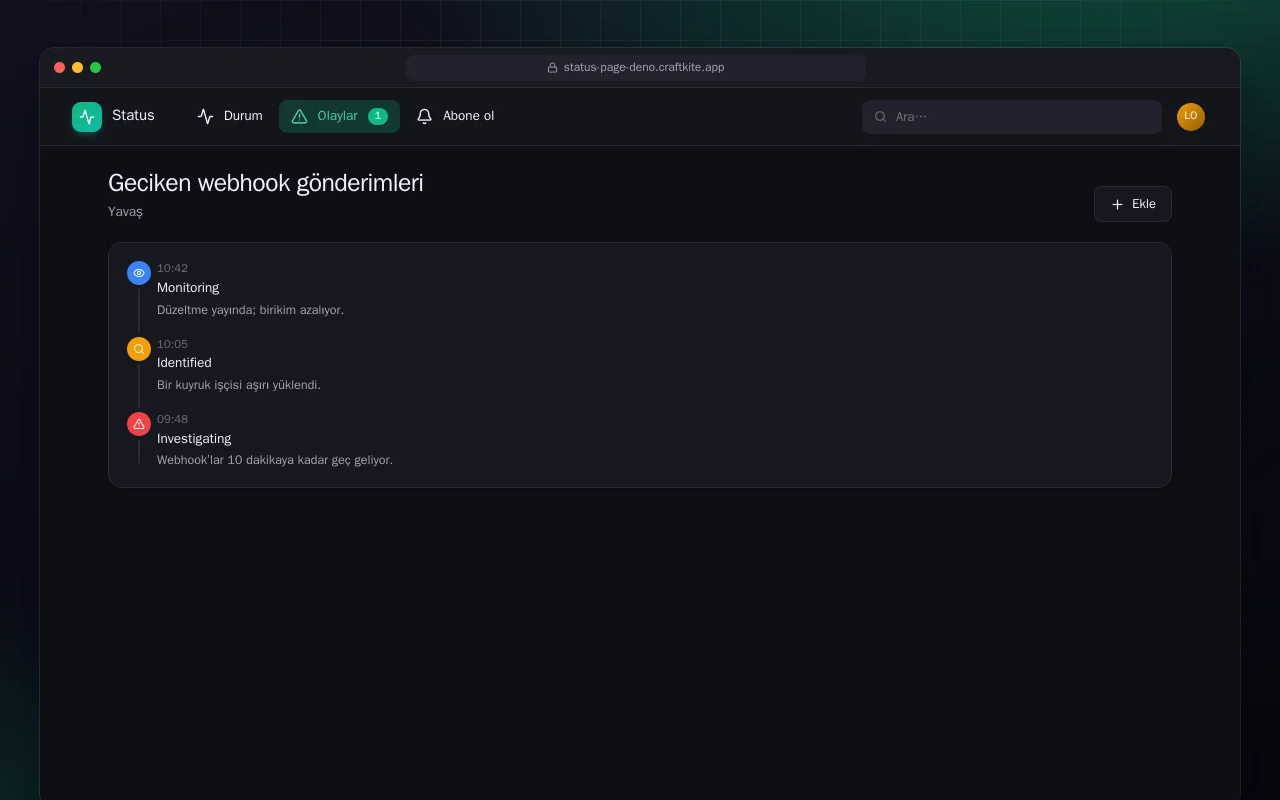 Durum Sayfası (Deno): Geciken webhook gönderimleri ekranı