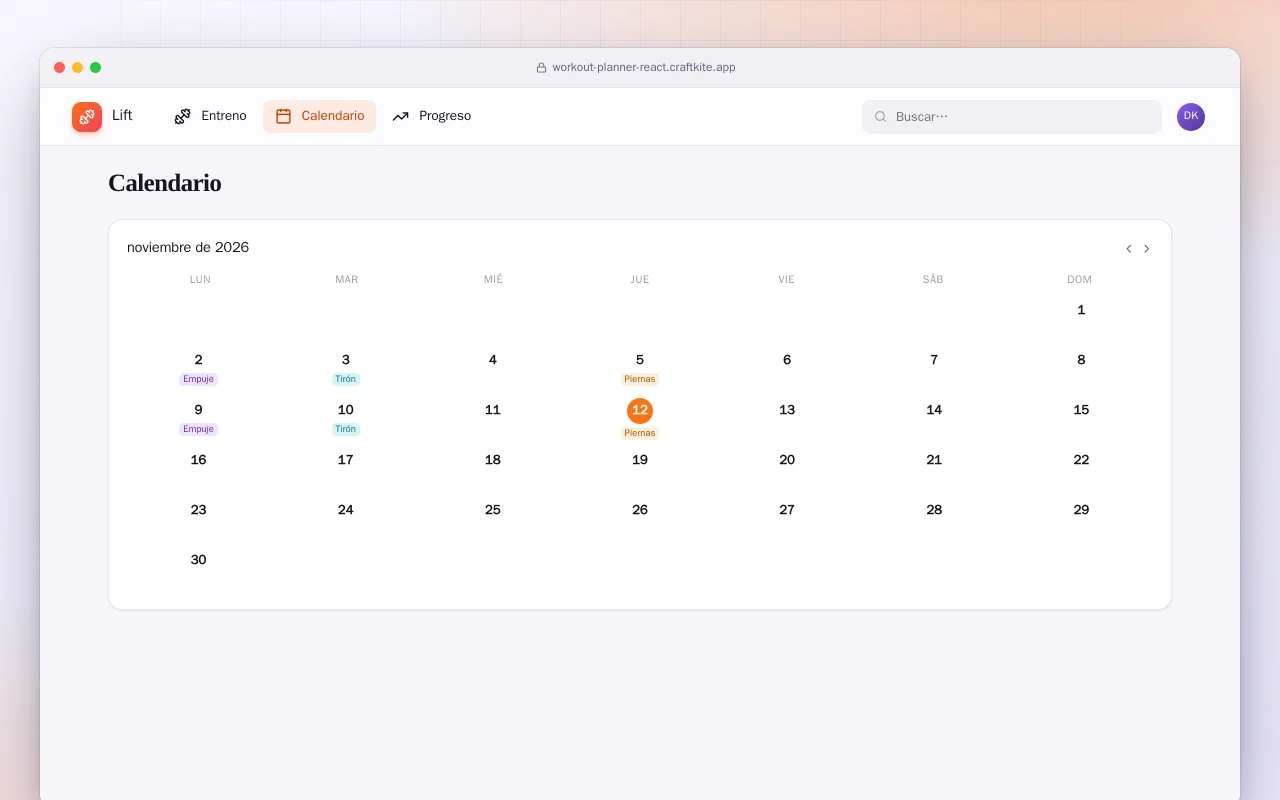 Planificador de entrenos (React): la pantalla Calendario