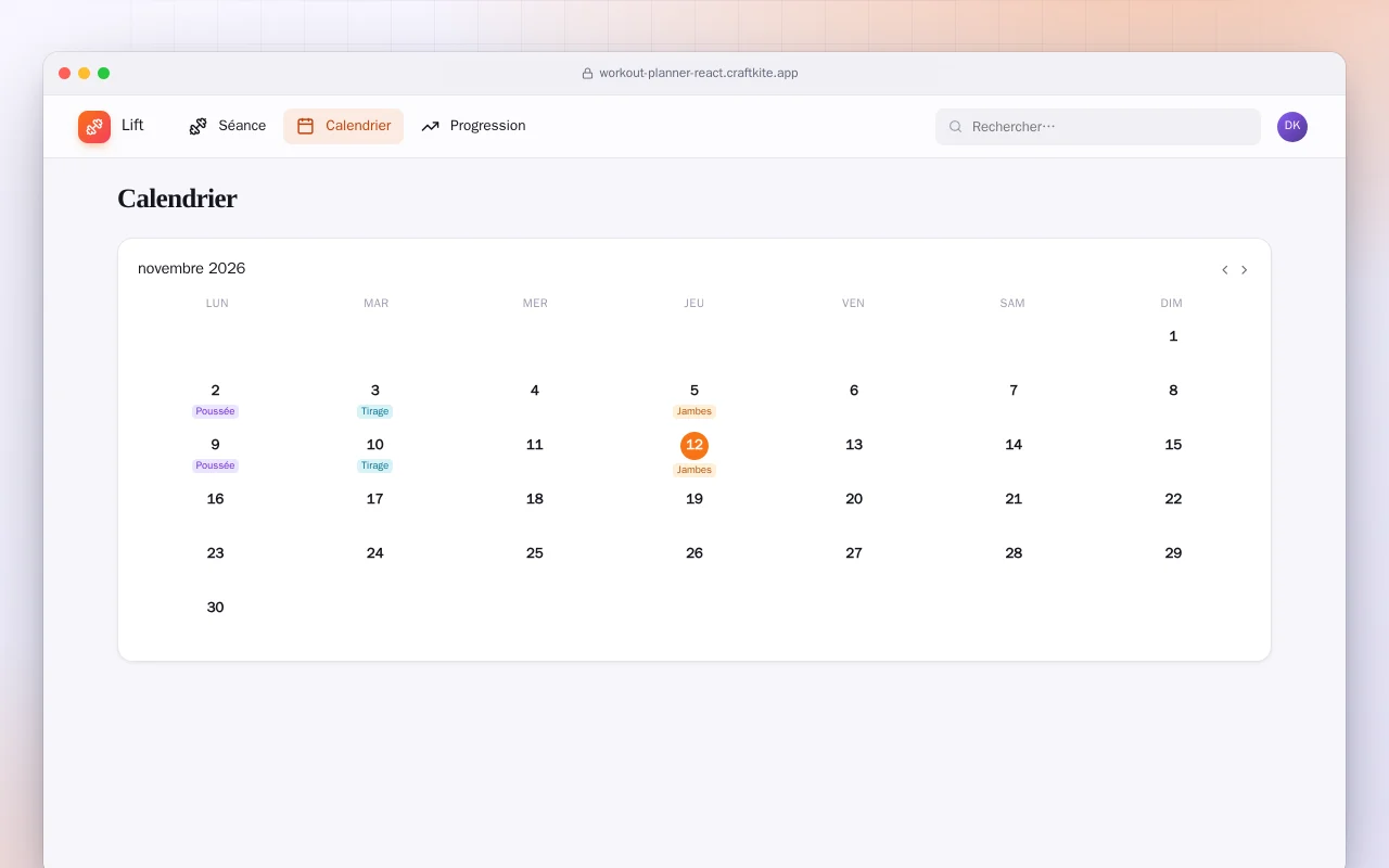 Planificateur d’entraînement (React) : l’écran Calendrier